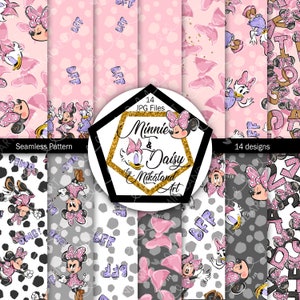 Padrão sem emenda de melhores amigos da Minnie Mouse Daisy Duck, arquivos desenhados à mão, rosa roxo cinza preto glitter, padrão de margarida, padrão da Minnie