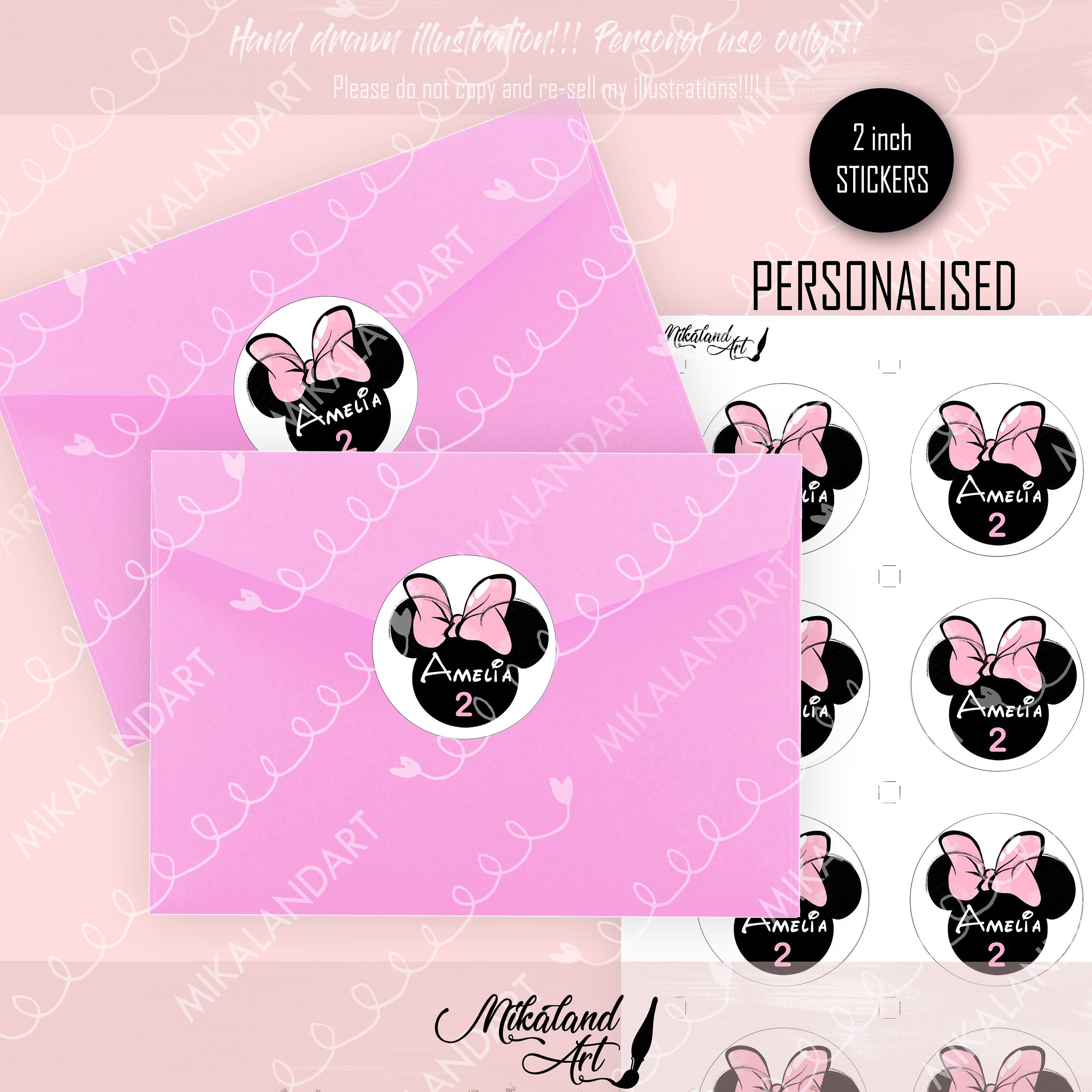 48 MINNIE MOUSE FACE PINK BOW ENVELOPE SEALS LABELS STICKERS 1.2 ROUND