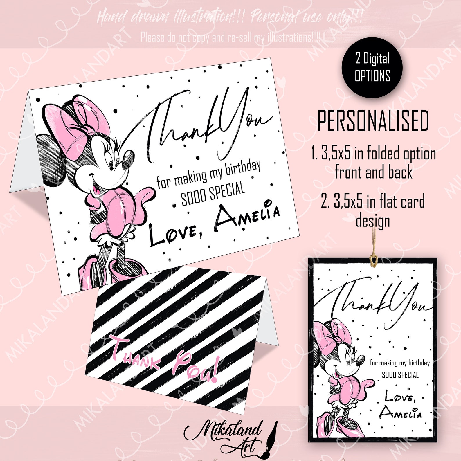 Minnie Mouse Birthday Thank You Card, Pink Minnie Mouse Printable ...