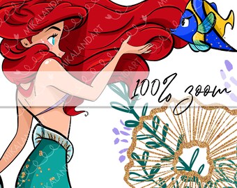The Little Mermaid Princess Hand-drawn PNG files, Blue Green Red Glitter,  Ariel PNG, Sebastien PNG, Instant Download, Ariel Mermaid