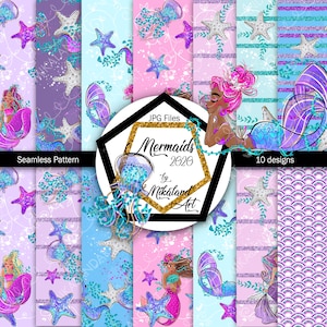 Zeemeermin naadloos patroon, paars, roze en glitter papier ontwerp, oceaan dieren papier, mooie handgetekende naadloos papier