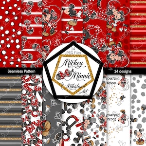Mickey Minnie Mouse Seamless Pattern, Fichiers dessinés à la main, Rouge Or Gris Paillettes Noires, Mickey Pattern, Minnie Pattern, Téléchargement instantané
