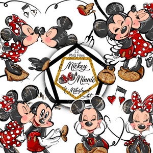 Arquivos PNG desenhados à mão de Mickey Minnie Mouse, vermelho dourado cinza preto glitter, Mickey PNG, Minnie PNG, download instantâneo