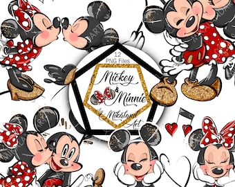 Mickey Minnie Mouse Hand-drawn PNG files, Red Gold Grey Black Glitter, Mickey PNG, Minnie PNG, Instant Download