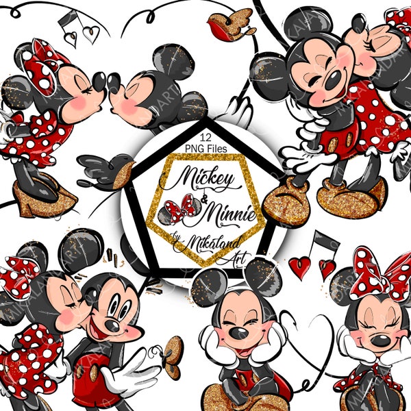 Pliki PNG rysowane ręcznie Myszki Miki i Minnie, czerwony złoty szary czarny brokat, Myszka Miki PNG, Myszka Minnie PNG, natychmiastowe pobieranie