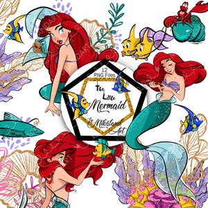 De Kleine Zeemeermin Prinses Handgetekende PNG bestanden, Blauw Groen Rood Glitter, Ariel PNG, Sebastien PNG, Instant Download, Ariel Mermaid