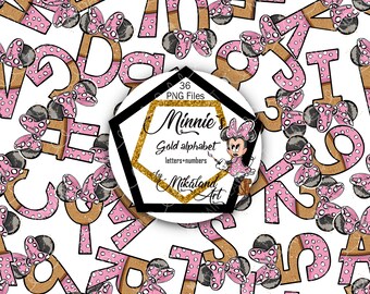 Minnie Mouse PINK&GOLD Alfabeto Dibujado a mano Letras y números clipart, Oro rosa Negro Purpurina, Minnie Números de cumpleaños Letras PNG