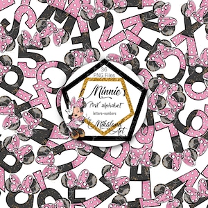 Letras e números de clipart desenhados à mão do alfabeto ROSA da Minnie Mouse, glitter preto cinza rosa, letras de números de aniversário da Minnie, letras png