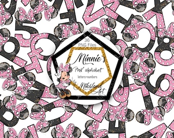 Minnie Mouse PINK Alfabeto clipart dibujado a mano Letras y números, Gris rosa Negro purpurina, Minnie Números de cumpleaños Letras PNG