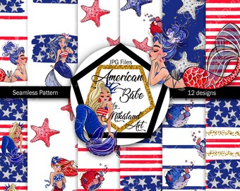 American Flag Patriotic Seamless Pattern, 4th of July Mermaid, American Paper Design, USA Patriot, Independence Day Paper