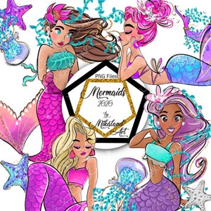 Mermaid ClipArt, Mermaid PNG, Underwater Clip Art, Sea Wonders, Seahorse, Hand drawn, Purple, Pink Glitter Planner Sticker