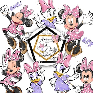 Minnie Mouse Daisy Duck Mejores amigos para siempre, archivos PNG de imágenes prediseñadas dibujadas a mano, brillo negro gris púrpura rosa, Daisy Duck PNG, Minnie PNG