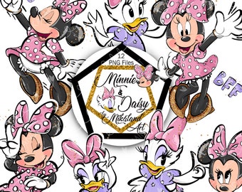 Minnie Mouse Daisy Duck Mejores amigos para siempre, archivos PNG de imágenes prediseñadas dibujadas a mano, brillo negro gris púrpura rosa, Daisy Duck PNG, Minnie PNG