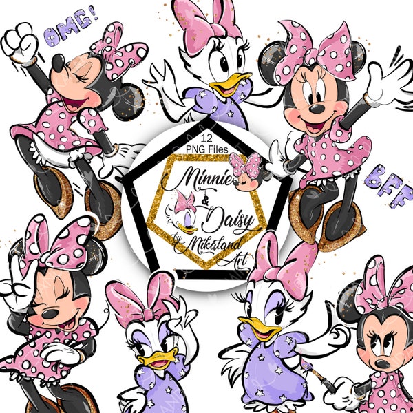 Minnie Mouse Daisy Duck Best Friends Forever, Hand-drawn Clip Art PNG files, Pink Purple Grey Black Glitter, Daisy Duck PNG, Minnie PNG