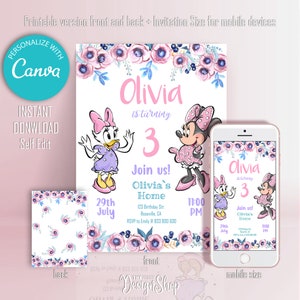 Invito di compleanno di Minnie Mouse, invito di compleanno di Minnie Mouse e Paperina con fiori, digitale, personalizzato, stampabile