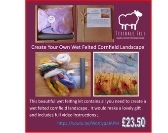 A wet felted cornfield kit containing all materials, basic equipment and a detailed step by step video tutorial.