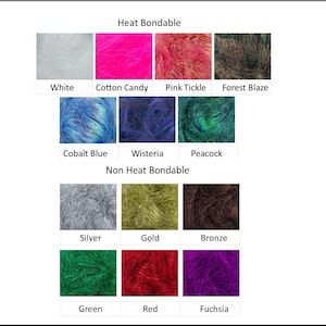 May include: A colour chart showing samples of heat bondable and non-heat bondable fibres. Colours include white, pink, blue, green, silver, gold, and red. Each colour is labelled with its name.