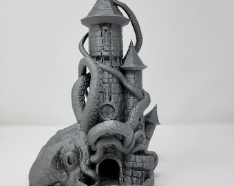 May include: A gray 3D printed model of a stone tower with an octopus wrapped around it. The tower has a clock face and a small door. The octopus has a large eye and tentacles.