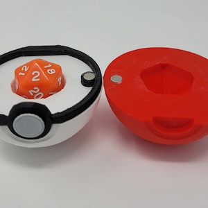 Pokéball D20 Dice Holder – 3D Printed Magnetic Case for Dungeons & Dragons, Pokémon-Inspired Dice Storage