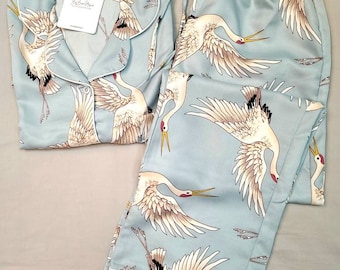 White Cranes in Sky Blue ~ Women Short/Long Sleeves with Short/Long Pants Pajamas Set (Options available)