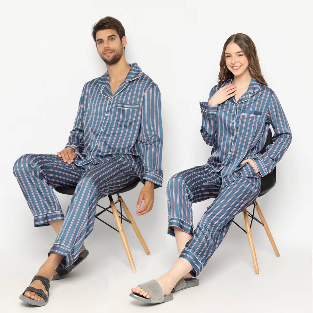 Couple Matching Pajamas Set Navy With Red Stripes silklike Material