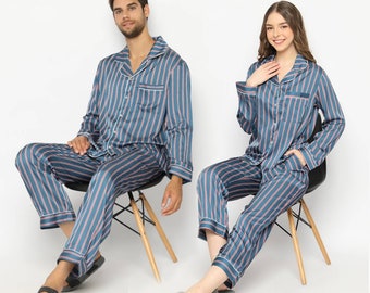 Couple Matching Pajamas Set - Navy with Red Stripes (Silk-like material)