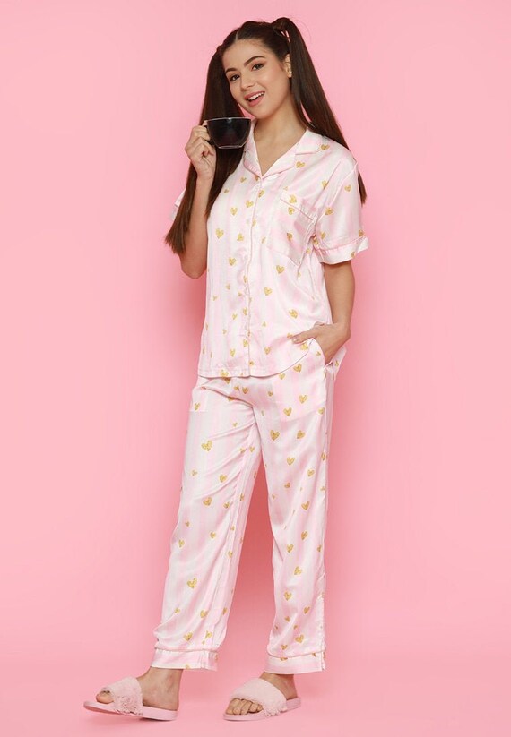 Silk pink and online white striped pajamas