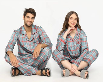 Couple Matching Pajamas Set - Green & Red Plaids (Silk-like Material)