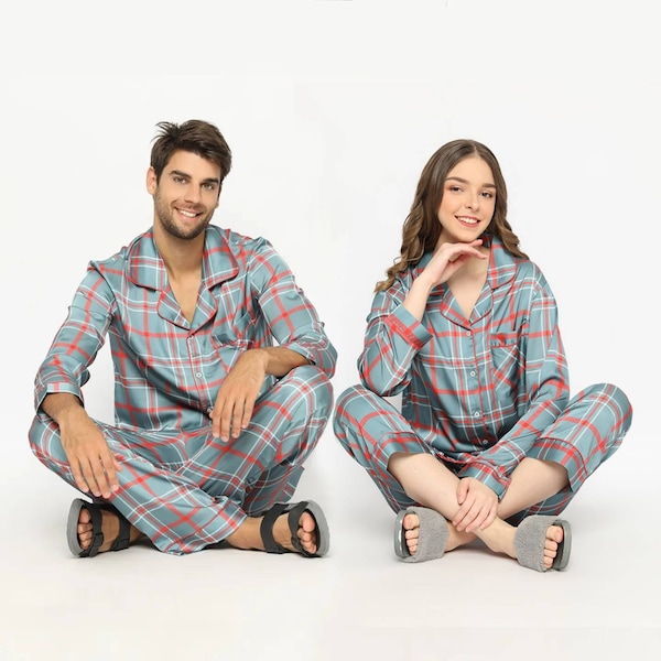 Couple Matching Pajamas Set - Green & Red Plaids (Silk-like Material)