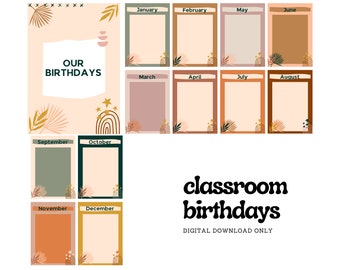 May include: A printable classroom birthday chart with a boho aesthetic. The chart features a peach background with gold stars, a rainbow arch, and leafy branches. Each month of the year is represented by a separate box with a different color and design.