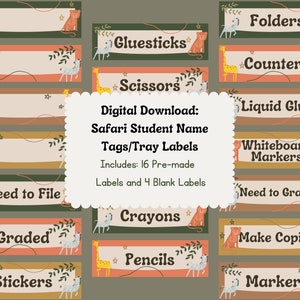 Digital Download Safari Student Name Labels | Digital Download Teacher Tray Labels | PNG Teacher Labels | Safari Themed Labels for Teachers