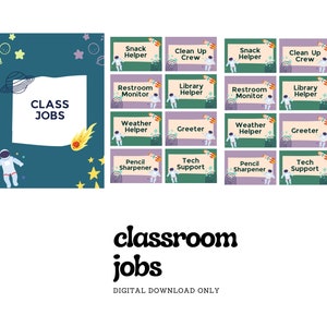 May include: A set of 16 colorful classroom job cards featuring an astronaut theme. The cards have a variety of jobs, including snack helper, clean up crew, restroom monitor, library helper, weather helper, greeter, pencil sharpener, and tech support. The cards are perfect for assigning classroom jobs to students.