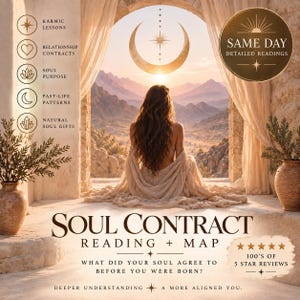 Könnte beinhalten: Eine digitale Grafik mit einer Person vor einer Berglandschaft durch einen Torbogen. Der Text umfasst: Soul Contract Reading + Map, Karmic Lessons, Relationship Contracts, Soul Purpose, Past-Life Patterns, Natural Soul Gifts und Same Day Detailed Readings.