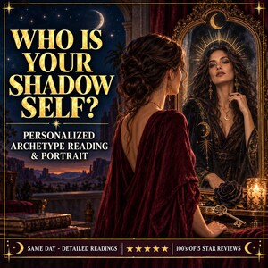 Peut inclure: Un graphique numérique avec le texte WHO IS YOUR SHADOW SELF? PERSONALIZED ARCHETYPE READING & PORTRAIT. Il montre une personne vêtue d'un vêtement en velours rouge profond face à un miroir orné reflétant son image, avec une clé et une rose.