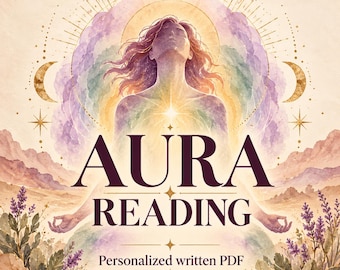 May include: A digital illustration featuring the text HighDesertDivination, AURA READING, and Personalized written PDF. A central figure sits in a meditative pose surrounded by watercolor clouds, crescent moons, and desert flora.
