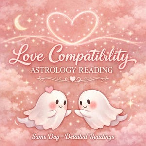 Puede incluir: Ilustración rosa y blanca con las palabras "Love Compatibility Astrology Reading". Dos fantasmas de dibujos animados con mejillas rosadas y corazones se extienden el uno hacia el otro. Un contorno en forma de corazón y una luna creciente están en el fondo. El texto "Same Day - Detailed Readings" está en la parte inferior.