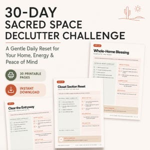 Könnte beinhalten: Ein druckbares Dokumentenset für eine 30-tägige Aufräum-Challenge mit täglichen Anleitungen. Jede Seite enthält eine Checkliste für den physischen Reset, ein Reset-Ritual, eine Affirmation und einen Bereich für persönliche Reflexionen.