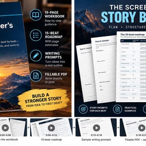 May include: A workbook titled The Screenwriter's Story Blueprint featuring a mountain landscape cover. It includes a 19-page guide, a 15-beat roadmap, writing prompts, and fillable PDF pages for screenplay development, structure, and story planning.