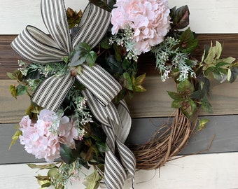 Spring hydrangea wreath, summer hydrangea wreath, farmhouse ticking cloth hydrangea wreath, Easter wreath, spring floral wreath