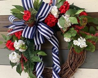Patriotic wreath, spring wreath, summer wreath, geranium wreath, Independence Day wreath, Americana wreath, USA wreath, Labor Day wreath