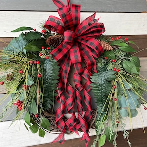 Buffalo Plaid Rustic wreath, buffalo plaid winter wreath, farmhouse wreath, Christmas rustic wreath, rustic wreath, Christmas buffalo plaid image 5