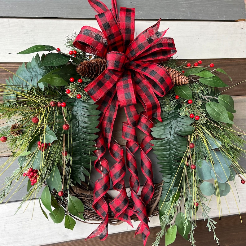 Buffalo Plaid Rustic wreath, buffalo plaid winter wreath, farmhouse wreath, Christmas rustic wreath, rustic wreath, Christmas buffalo plaid image 5