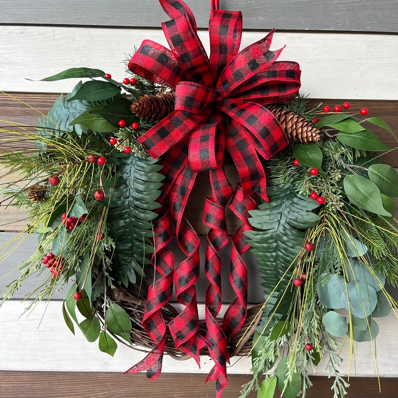 Buffalo Plaid Rustic wreath, buffalo plaid winter wreath, farmhouse wreath, Christmas rustic wreath, rustic wreath, Christmas buffalo plaid image 7