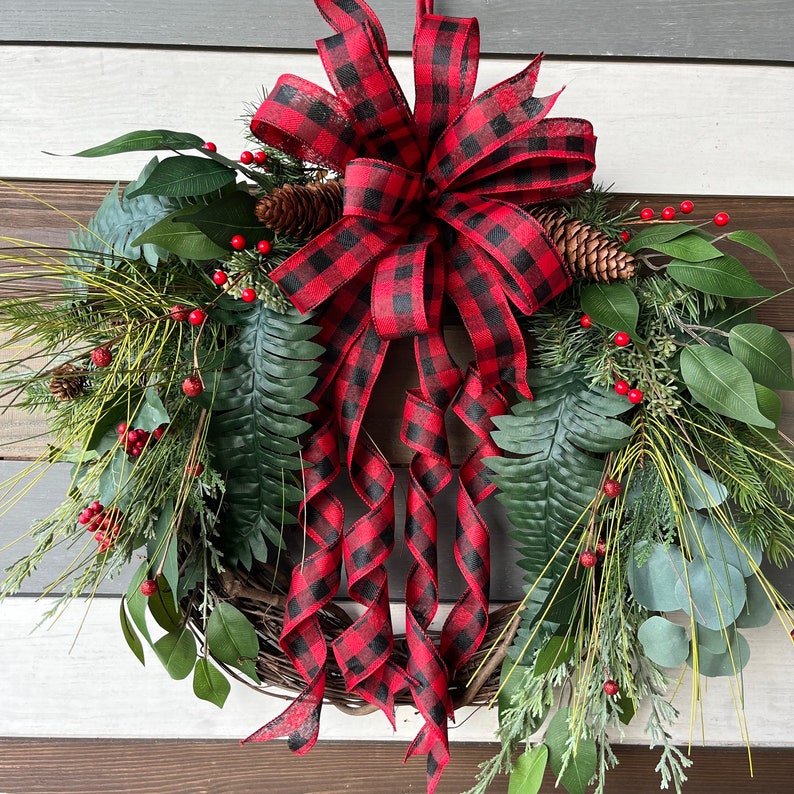 Buffalo Plaid Rustic wreath, buffalo plaid winter wreath, farmhouse wreath, Christmas rustic wreath, rustic wreath, Christmas buffalo plaid image 2