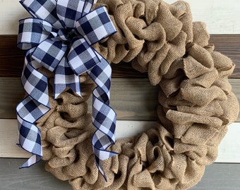 Burlap wreath, navy buffalo plaid burlap wreath, all season burlap wreath, year round burlap wreath, farmhouse burlap wreath, buffalo plaid