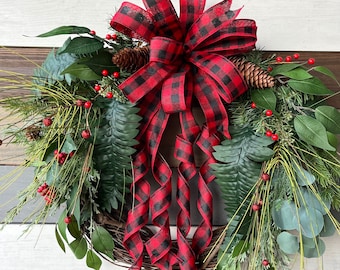 Buffalo Plaid Rustic wreath, buffalo plaid winter wreath, farmhouse wreath, Christmas rustic wreath, rustic wreath, Christmas buffalo plaid