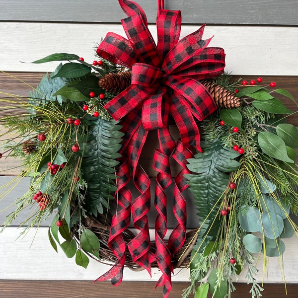 Buffalo Plaid Rustic wreath, buffalo plaid winter wreath, farmhouse wreath, Christmas rustic wreath, rustic wreath, Christmas buffalo plaid