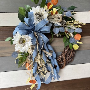 Farmhouse Wreath/Floral Wreath/Year Round Wreath/Wreath with Bow/Rustic  Wreath/Indoor Wreath/Grapevine Wreath