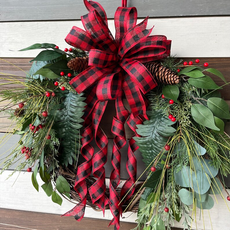 Buffalo Plaid Rustic wreath, buffalo plaid winter wreath, farmhouse wreath, Christmas rustic wreath, rustic wreath, Christmas buffalo plaid image 4
