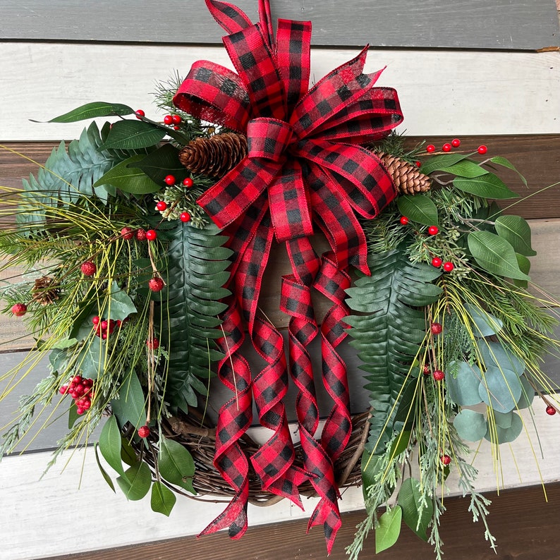 Buffalo Plaid Rustic wreath, buffalo plaid winter wreath, farmhouse wreath, Christmas rustic wreath, rustic wreath, Christmas buffalo plaid image 6